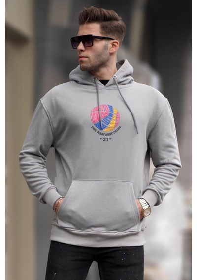 Madmext Boyalı Gri Kabartma Baskılı Kapüşonlu Sweatshirt 6042 Boyalı Gri