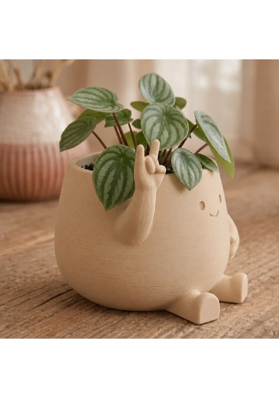 3d Baskı Smiley Face Planter - Gülümseyen Karakterli Saksı-bej Çok Renkli