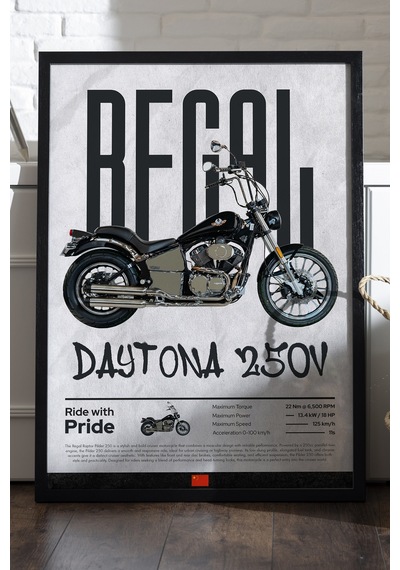 Regal Daytona 250v Siyah Ahşap Çerçeveli Poster, Dekoratif Motosiklet Duvar Tablosu Çok Renkli