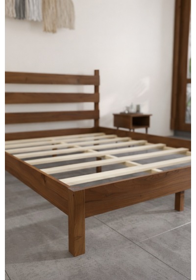 Natura Masif Ahşap Karyola Ve 2 Adet Komodin Ceviz 90x200