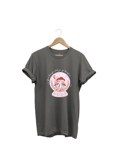 Vintage Retro Streetwear Poster Mantar Küresi Baskılı %100 Pamuk Regular Fit Bisiklet Yaka T-shirt Gri