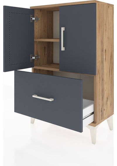 Arges Komodin 2 Raflı Tek Çekmeceli 2 Kapaklı 60x30x96 Çam-antrasit Atlas Çam