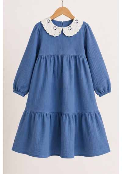 Angel&co. Girls Clothing Brode Yaka Müslin Midi Elbise-mavi Mavi