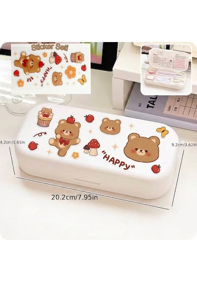 Sevimli Kawaii Figürlü Kalem Kutusu Çok Bölmeli Çift Katlı Büyük Kapasiteli Kalem Kutusu Sticker'lı Kalem Kutusu Sticker Yapıştırılabilir Kalemlik Sticker Kalemlik Beyaz