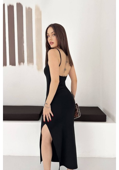 Tarz Cool Kadın Askılı Uzun Elbise Slim Fit Vücuda Oturan Yırtmaçlı Siyah