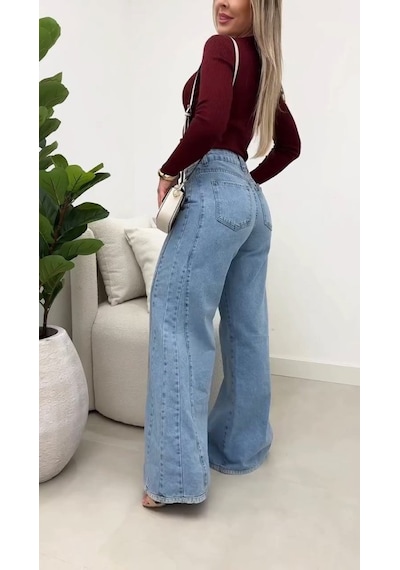 Hazego Kadın Yüksek Bel Paçaya Doğru Geniş Kesimli Kot Pantolon Mavi