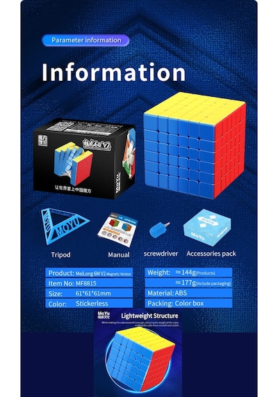 Moyu Meilong 6x6 Manyetik Bloklar 6m V2 - Mıknatıslı Standlı Tornavidalı Stickersız Zeka Küp