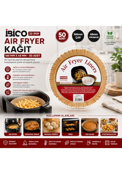 50pcs Yuvarlak Taban: 16cm - Kenar: 4.5cm Air Fryer Pişirme Kalıp Kağıt 5492 Çr