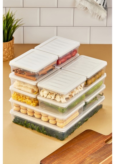 Multi Box 10 Parça 4 Farklı Boy Saklama Kabı Seti - Dondurucu & Mikrodalga Uyumlu Krem