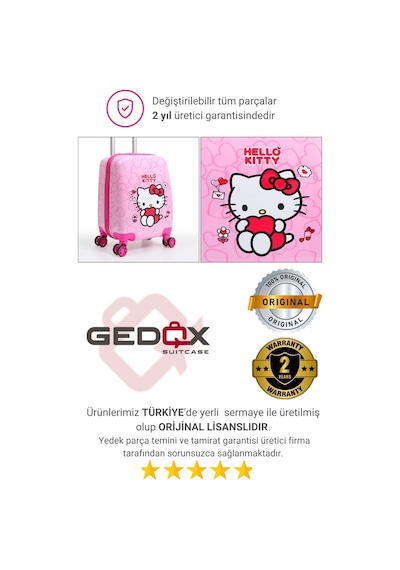 Gedox Kids Hello Kitty Lisanslı Çocuk Valizi Pembe Darbeye Dayanıklı 33l 360 Tekerlekli Hello Pembe Kalp