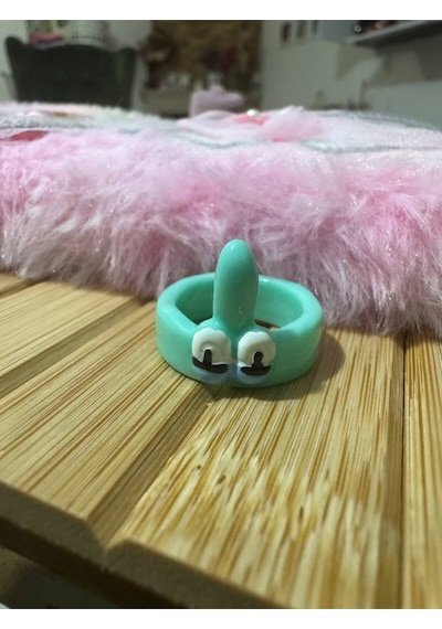 Sevimli Squidward Figürlü Turkuaz Çocuk Yüzük Sabit Ölçülü Reçine Karikatür Takı Gümüş - Gri