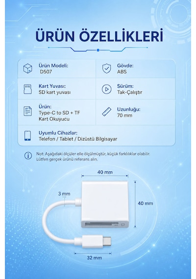 Type-c Sd Tf Microsd Kart Okuyucu, Otg Destekli Hafıza Kart Adaptörü, Telefon Tablet Bilgisayar Kamera Uyumlu, Fotoğraf Video Belge Aktarımı, Kompakt Tak Çalıştır D507