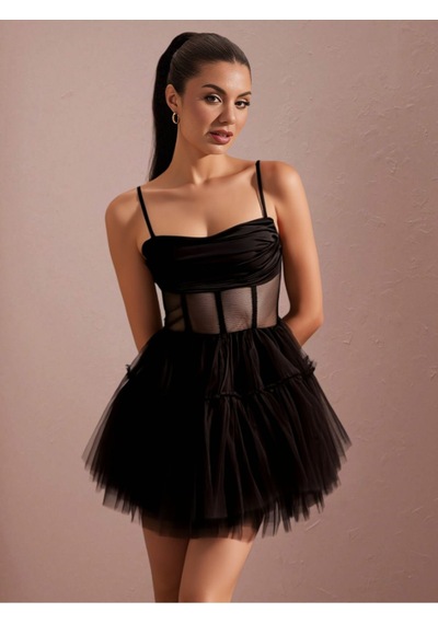 Fashion Cocktail Transparan Tül Bel Kabarık Etekli Askılı Mezuniyet Abiye Elbise Siyah Siyah Fashion Cocktail Transparan Tül Bel Kabarık Etekli Askılı Mezuniyet Abiye Elbise Siyah Siyah