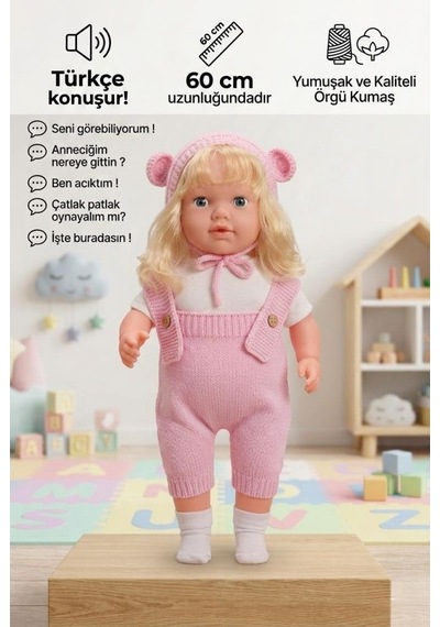 Konuşan Bebeğim 60 Cm Türkçe Konuşan Örgü Tulum Ve Şapkalı Kafası Bacakları Kolları Et Oyuncak Bebek 61907317