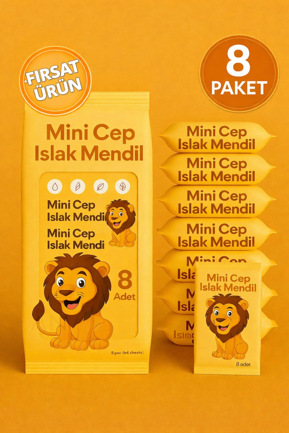 Mini Cep Islak Mendil 8'li Paket Aloe Veralı Alkol İçermez Yumuşak Dokulu Taşınabilir Turuncu 64 Adet