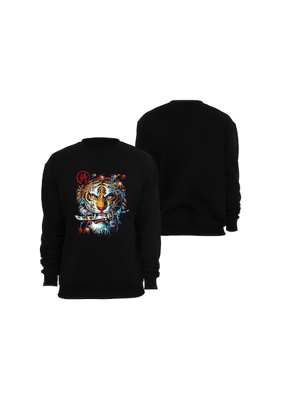 Aslan Baskılı Özel Tasarım Unisex Bisiklet Yaka Sweatshirt Siyah
