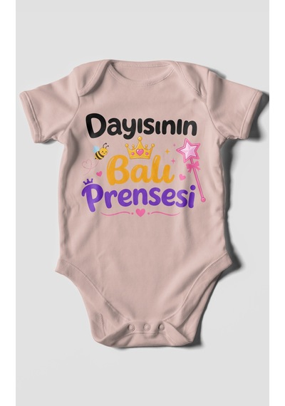 Morivokids Dayısının Ballı Prensesi Kısa Kollu Bebek Body %100 Pamuk Pastel Pembe