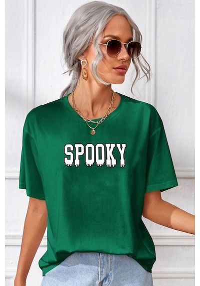 Unisex Spooky Baskılı T-shirt Yeşil