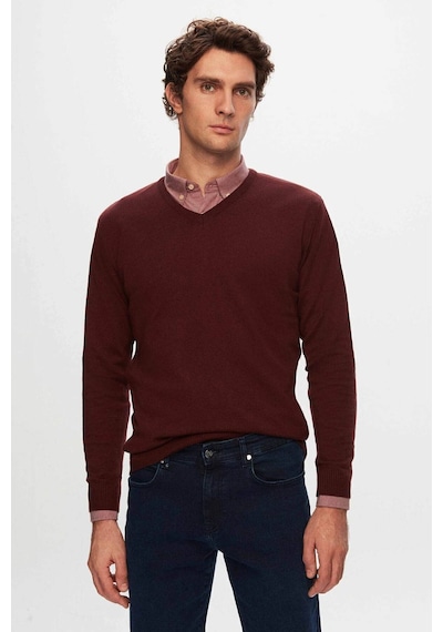 D's Damat Ds Damat Regular Fit Bordo Düz V Yaka Triko Kazak 5HF06ORT12003 Bordo
