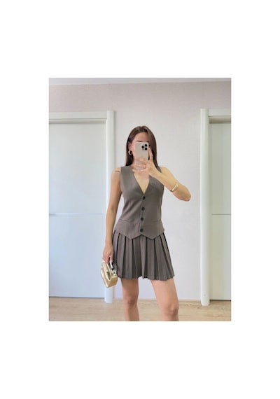 Butik İstanbul Takım Görünümlu Yelekli Mini Elbise- Füme