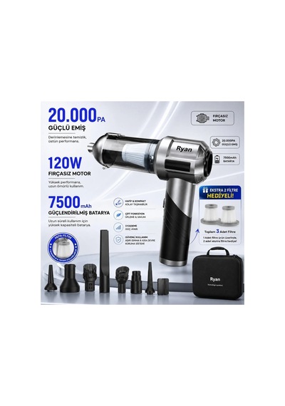 Bagajon Ryan 20.000 Pa 7.500 Mah Katlanabilir Araç Süpürgesi 120w Fırçasız Motor, Üfleme & Vakum, Çantalı