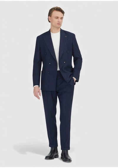 Ramsey Lacivert Çizgili Shirt Shoulder Slim Fit Yün Karışımlı Ceket