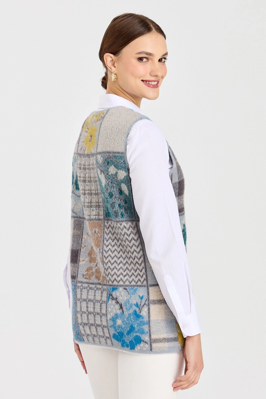 Desen Triko Kadın Sıfır Yaka Patchwork Yelek A.mavi A.mavi