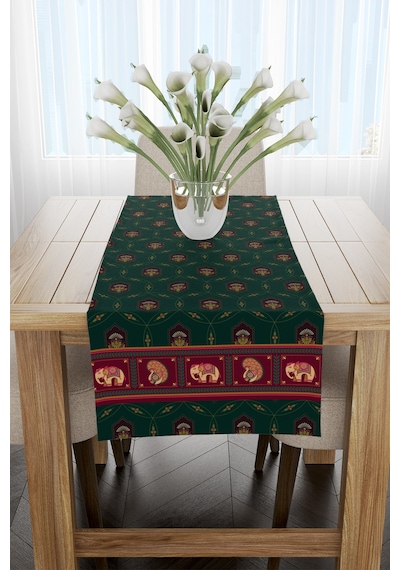 Yeşil Turuncu Etnik Hayvan Figürlü Runner 40x140cm Yeşil