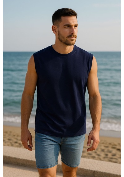 Erkek Bisiklet Yaka Sıfır Kol %100 Pamuk T-shirt Çok Renkli