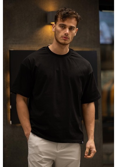 Gravel Oversize Bisiklet Yaka Pamuklu T-shirt - Siyah Siyah