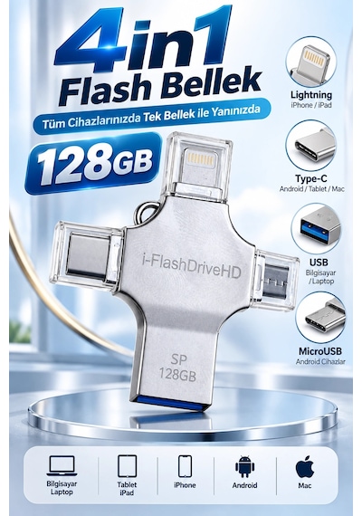 4in1 128gb Flash Bellek Usb Type-c Lightning Microusb Çoklu Girişli Taşınabilir Usb Bellek