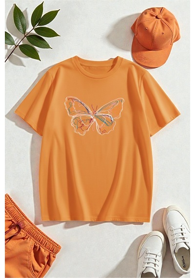 Uyguntarz Unisex Butterfly Baskılı T-shirt Turuncu