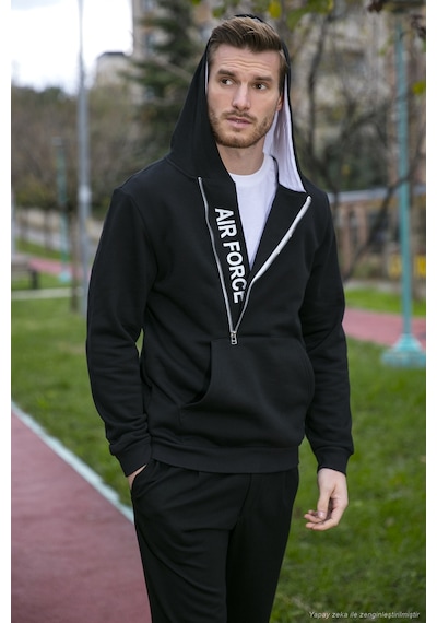 Buratti Kanguru Cepli Fermuarlı Kapüşon Yaka Slim Fit Erkek Sweat 575707 Siyah-Siyah