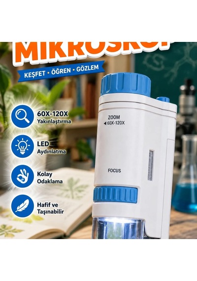 Abs Gövdeli 80x-200x Büyütmeli Led Işıklı Öğrenci Mikroskobu Mavi Renk