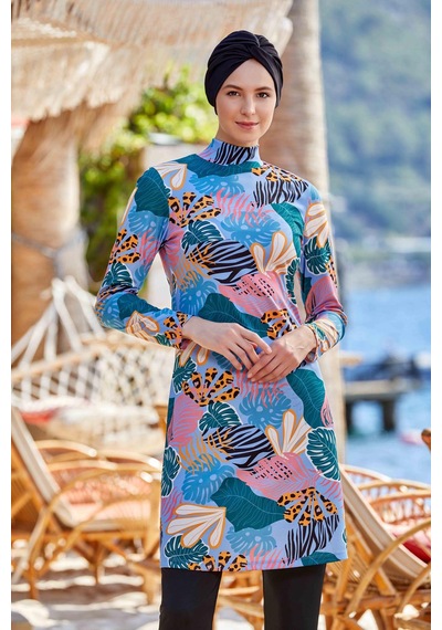 Fulla Moda Desenli 4 Lü Tesettür Mayo Buz Mavi