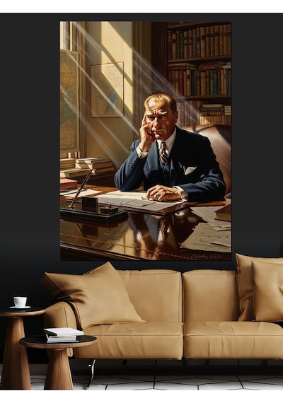 Kütüphanesinde Çalışan Atatürk Portresi Dekoratif Kanvas - Mdf Ahşap Tablo