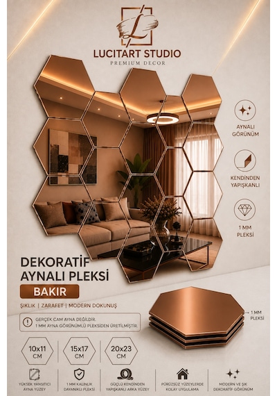 Lucitart Aynalı Pleksi Petek Duvar Dekoru Kendinden Yapışkanlı Dekoratif Altıgen Ayna Tekli 9 Renk 10x11 - 15x17 - 20x23 Cm Bakır Lucitart Aynalı Pleksi Petek Duvar Dekoru Kendinden Yapışkanlı Dekoratif Altıgen Ayna Tekli 9 Renk 10x11 - 15x17 - 20x23 Cm Bakır