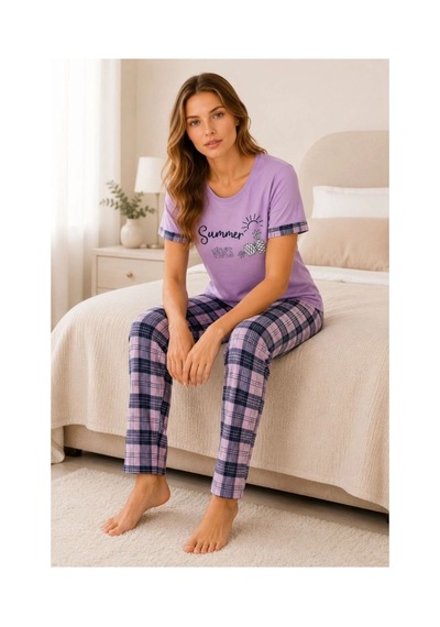 Kadın Pamuklu Penye Summer Baskılı Kısa Kollu Pijama Takımı Bisiklet Yaka Ekose Desenli - Lila Kadın Pamuklu Penye Summer Baskılı Kısa Kollu Pijama Takımı Bisiklet Yaka Ekose Desenli - Lila