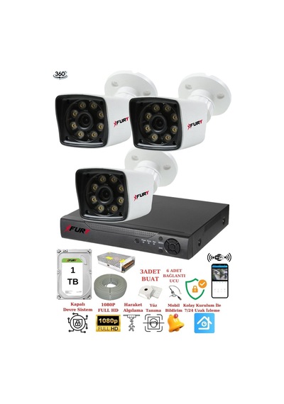 Fury 3 Kameralı 5mp Lens 1080p 2mp Color Görüntü 8 Warm Led Gece Görüş Fullhd Güvenlik Kamera 5525w 1tb
