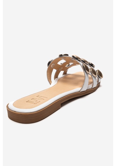 Luvishoes Bareon Beyaz Cilt Hakiki Deri Bantlı Altın Tokalı Kadın Terlik