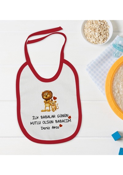 Bk Kids Kişiye Özel İlk Babalar Günü Tasarımlı Kırmızı Bebek Mama Önlüğü-3 Kırmızı