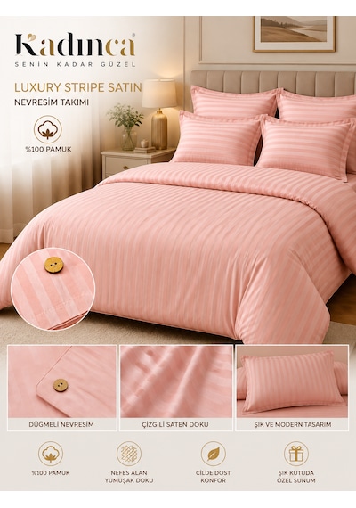 Luxury Stripe Pamuk Saten Nevresim Takımı 6parça Yavruağzı