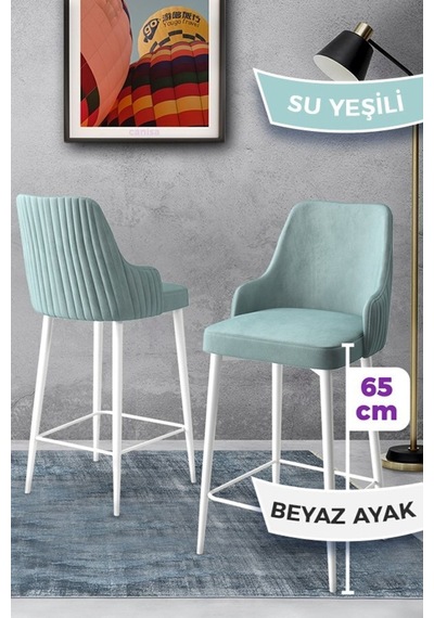 Canisa Tera Serisi 2 Su Yeşili Sandalye 65 Cm Ada Mutfak Bar Sandalyesi Babyface Kumaş Beyaz Metal Ayaklı Sandalyeler Su Yeşili Ayaklar Beyaz