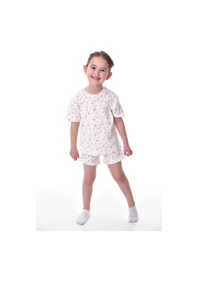 %100 Pamuk Interlok Kumaş Kısa Kollu Şortlu Kız Çocuk Pijama Takımı 3,4,5,6,7,8 Yaş Beyaz