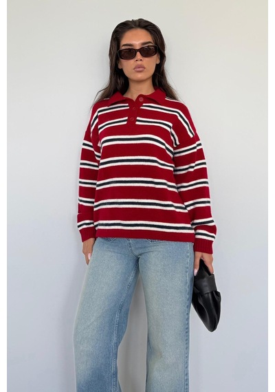 Madmext Kırmızı Polo Yaka Çizgili Kadın Triko Kazak Mg2469 Kırmızı