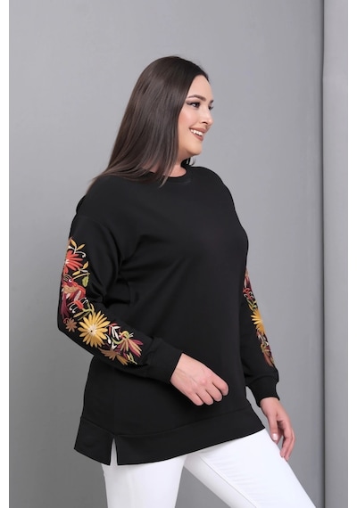Aytemas Kolları Nakışlı Yırtmaçlı Sweatshirt Siyah