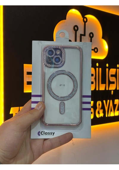 Apple Uyumlu iPhone 15 Simli Taşlı Kablosuz Şarj Lens Korumalı Kılıf Pembe