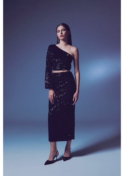 Sateen Kadife Payetli Midi Etek - Siyah-135602 Siyah