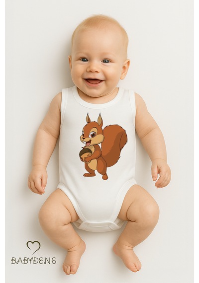 Babyden's %100 Pamuklu Hayvan Figürlü Kolsuz Çıtçıtlı Bebek Body Yazlık Unisex Zıbın Sincap Beyaz