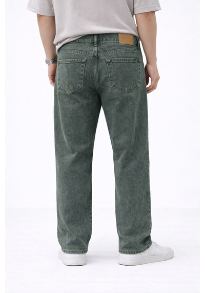Erkek Baggy Fit Yıkamalı Yeşil Kot Pantolon Rahat Kesim Denim Hakiyıkamalı